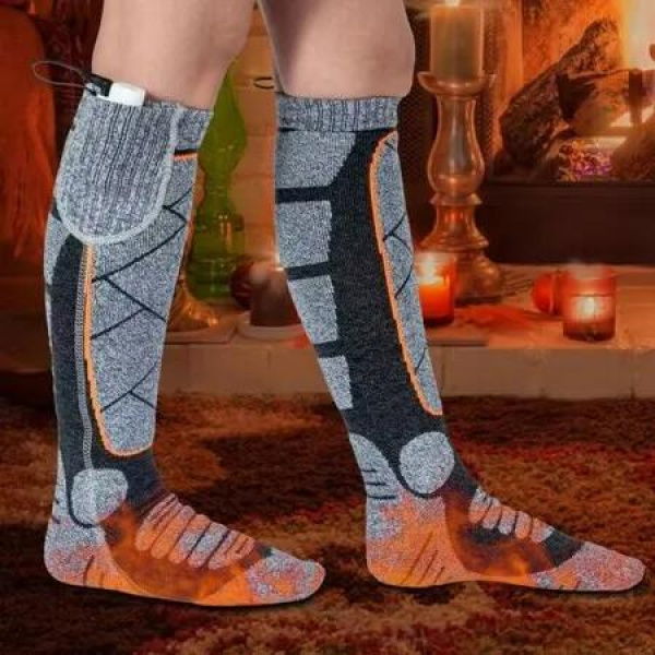 Heated Socks for Women Men, Rechargeable Heated Socks, Washable Battery Full Foot Warmers for Hunting Skiing Sports Outdoors (Gray Orange)