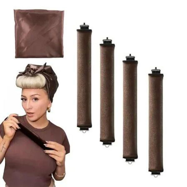 Heatless Curler Overnight Curls Blowout 4 Rods Headband No Heat Sleep Large Hair Rollers Silk Wrap Curling Set Brown Rollers Sleep Style Tool Col.Brown