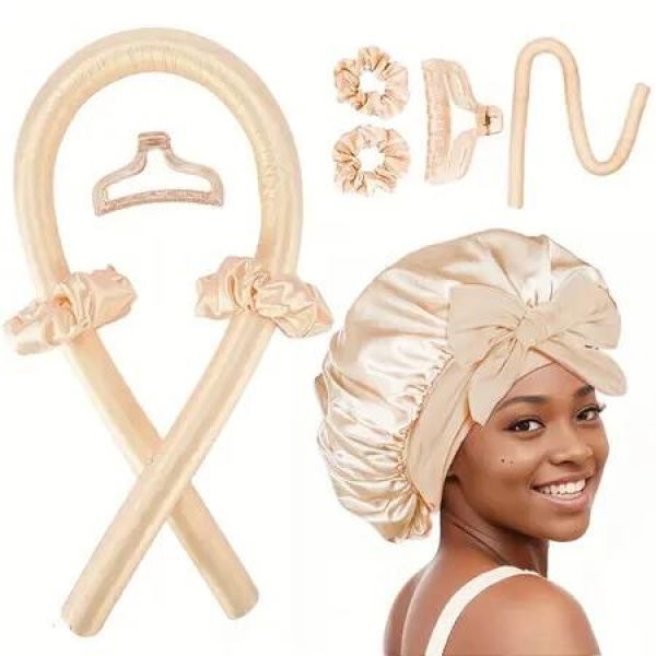 Heatless Hair Curler,Blowout Heatless Curls Overnight No Heat Curling Rod Set with Satin Bonnet for Sleep in Beige