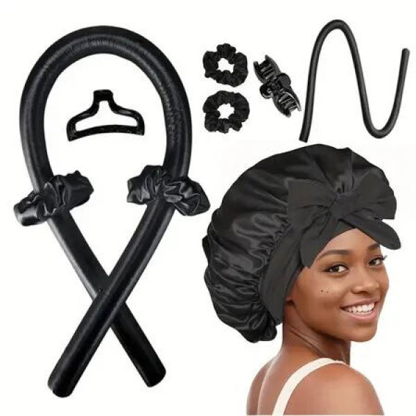 Heatless Hair Curler,Blowout Heatless Curls Overnight No Heat Curling Rod Set with Satin Bonnet for Sleep in Black