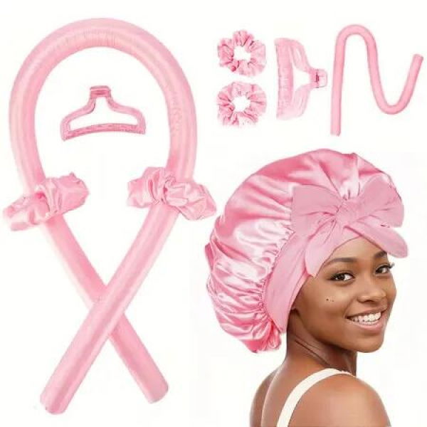 Heatless Hair Curler,Blowout Heatless Curls Overnight No Heat Curling Rod Set with Satin Bonnet for Sleep in Pink
