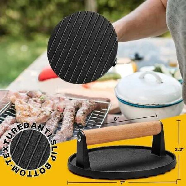 Heavy Duty Cast Iron Burger Press - 6.9Inch Round Bacon Grill Press for Sandwiches and Paninis