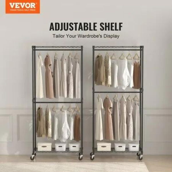 Heavy Duty Clothes Rack Double Hanging Rods Clothing Garment Rack with Bottom and Top Storage Tier Rolling Clothing Rack for Hanging Clothes Thicken Steel