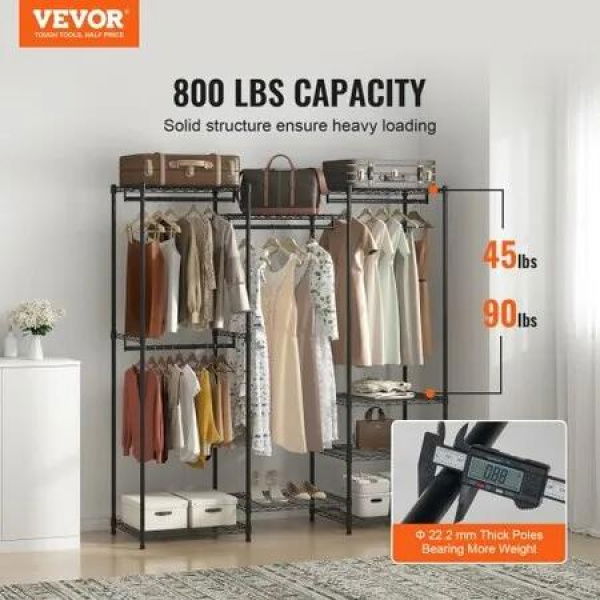 Heavy Duty Clothes Rack Rolling Clothing Garment Rack with 4 Hang Rods & 8 Storage Tiers Adjustable Custom Closet Rack Freestanding Wardrobe