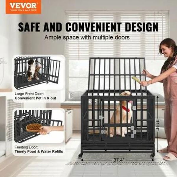 Heavy Duty Dog Crate 38 in Metal Dog Kennel with Wheels and Removable Tray