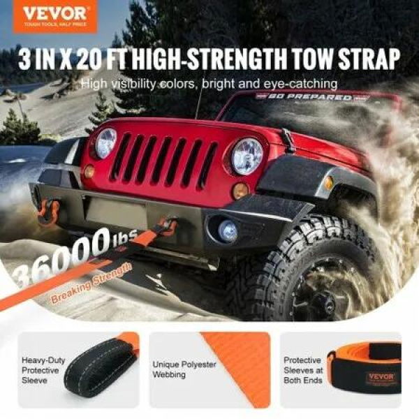 Heavy Duty Tow Strap Recovery Kit 76.2 mm x 6.1 m (MBS-16329 kg) Tree Saver Winch Strap Triple Reinforced Loop & Protective Sleeves & Storage Bag 19 mm