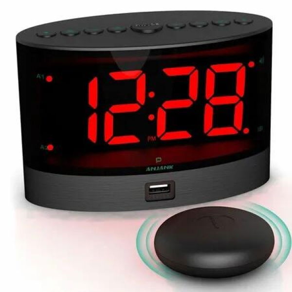 Heavy Sleepers Alarm Clock with Wireless Bed Shaker: Perfect for Hearing-impaired with Adjustable Volume, Dimmer, Wake-up Time, and USB Charger