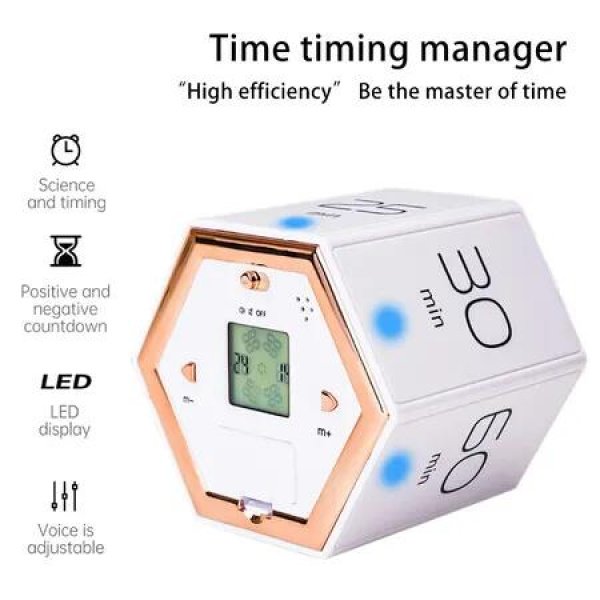 Hexagon Flip Timer Mutable Countdown Timers with LED Display 15 Seconds Long Prompt Office Hours Reminder for Classroom Kids Learning-White