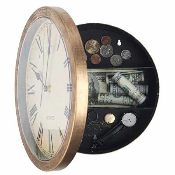 Hidden Safe,Wall Clock Diversion Safe,Secret Compartment,Secret Hidden Clock for Valuables Gold Brown