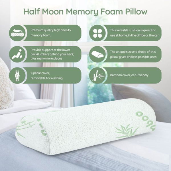 High-Density Memory Foam Back Neck Pillow Leg Elevator Half Moon Shape With Bamboo Cover.