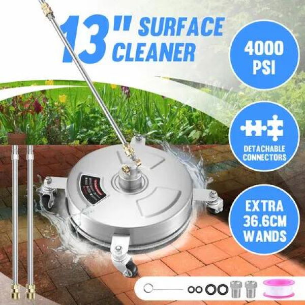 High Pressure Washer Surface Cleaner Concrete Driveway Scrubber 13 Inch 4 Wheel 4000PSI Power Jet Extension Wand Nozzle 1/4â€ Connector Stainless Steel