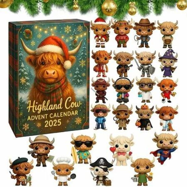 Highland Cow Advent Calendar 2025,24 Days Christmas Countdown Calendar,2d Flat Mini Highland Cow Ornaments,Christmas Surprise Holiday Gifts