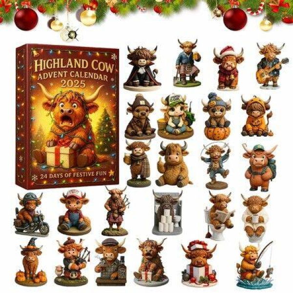 Highland Cow Advent Calendar 2025,24 Days Christmas Countdown Calendar,2d Flat Mini Highland Cow Ornaments,Christmas Surprise Holiday Gifts