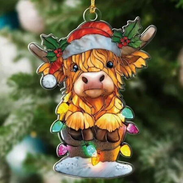 Highland Cow Christmas Ornaments, Stained Glass Effect Highland Cow Decor, Christmas Ornament 2025, Window Hanging Suncatcher, 7.5 x 10 cm