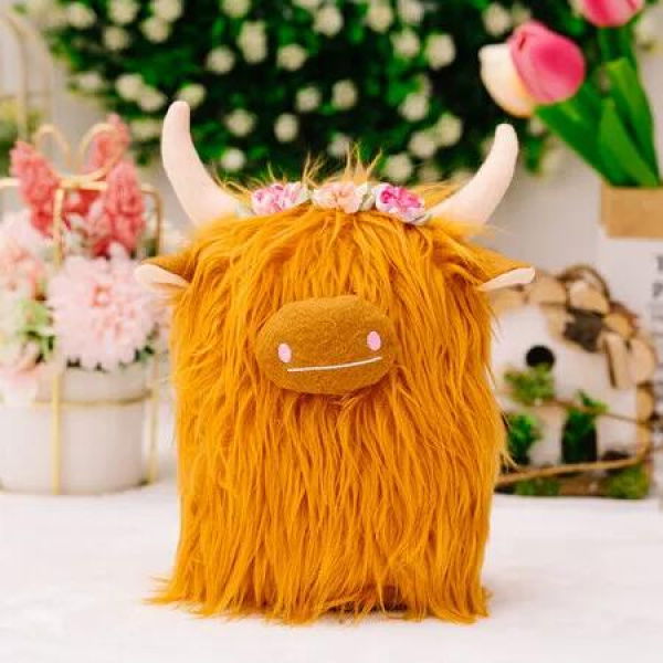 Highland Cow Gnomes with Flowers, Brown Scottish Tomte Doll Decor, Farmhouse Nordic Dwarf Home Decoration,Yellow