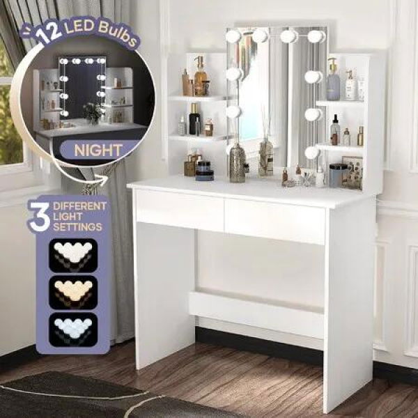 Hollywood Makeup Table Vanity Dresser White Dressing Desk Bedroom Furniture with 10 LED Lighted Mirror 3 Lighting Colours 2 Drawers 6 Shelves