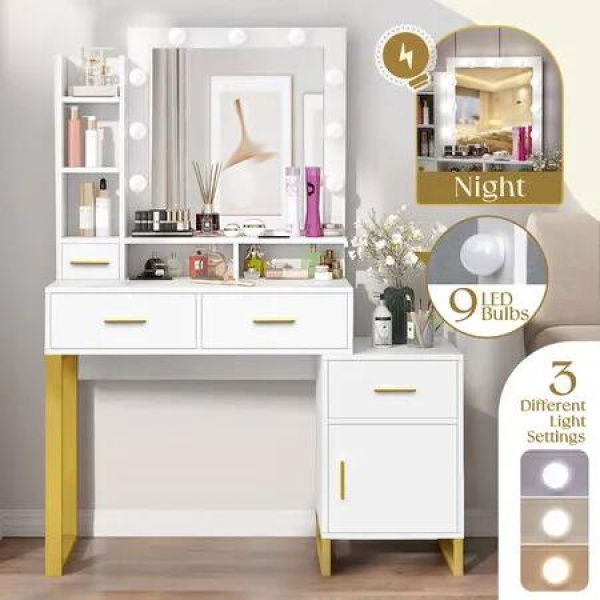 Hollywood Mirror Makeup Table Vanity Dressing Desk Dresser Bedroom Furniture with 9 LED Lights 4 Drawers Storage Shelves Drawers 3 Lighting Colours