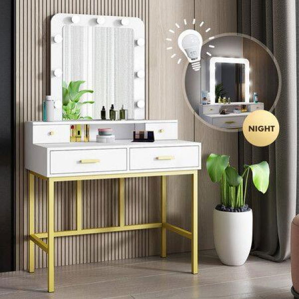 Hollywood Mirror Makeup Vanity Dressing Table 9 LED Lights 4 Drawers For Bedroom White And Gold