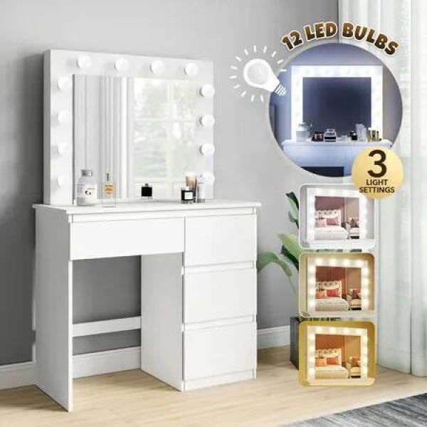 Hollywood Vanity Dresser Table Makeup Dressing Desk White Modern Bedroom Furniture with 12 LED Lighted Mirror 3 Lighting Colours 4 Drawers