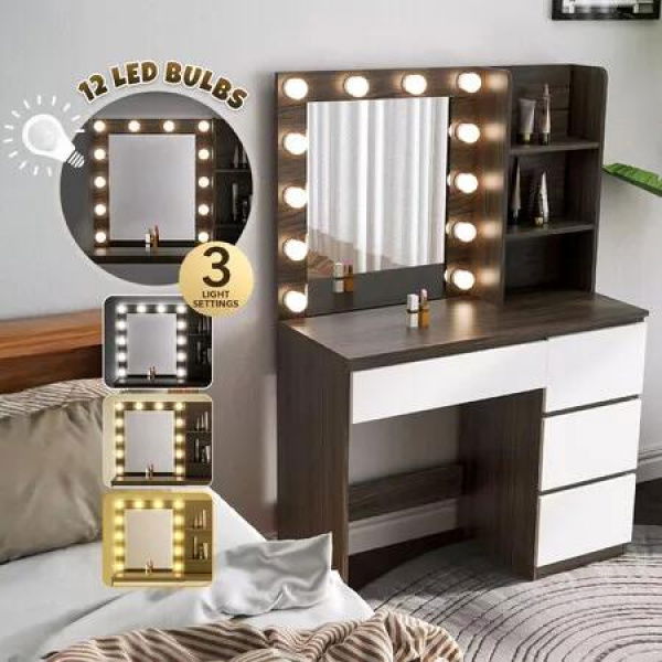 Hollywood Vanity Table Dressing Makeup Desk Modern Dresser Bedroom Furniture with 12 LED Lighted Mirror 4 Drawers 3 Compartments