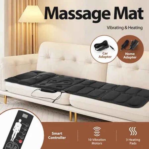 HOMASA Heated Massage Mat Electric Heating Pad Body Vibration Massager for Shoulder Back Buttock Leg 10 Motors Mattress Chair Car Seat Cushion