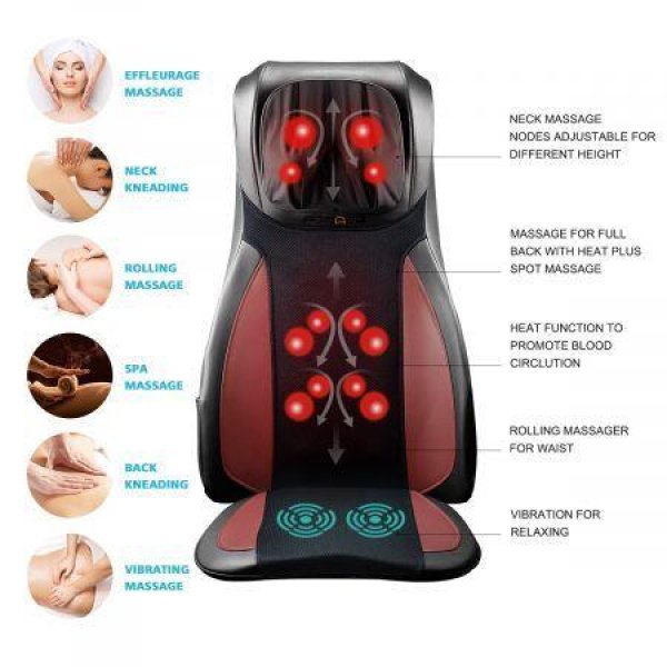 Home Car Seat Massager Heated Cushion With Vibrate Shiatsu Roll Knead Function - Red.