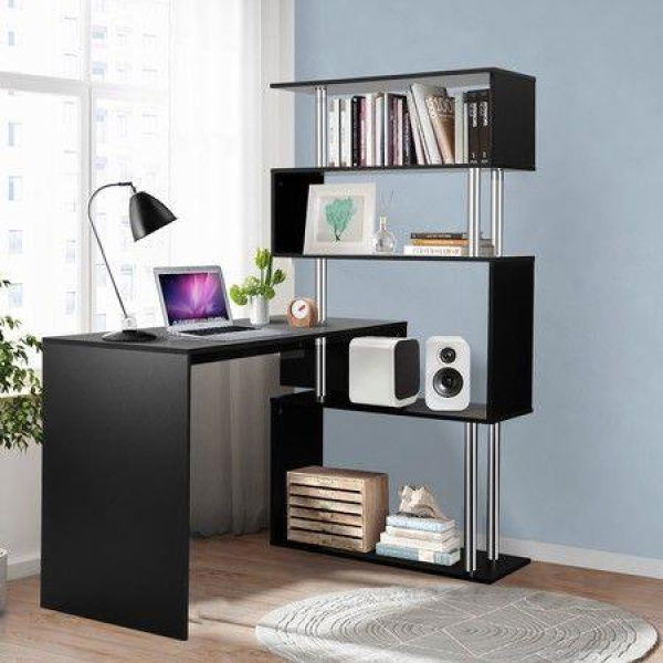 Home Office Computer Desk Corner Table Tier Bookshelf Storage L-Shaped Rotating Table Black