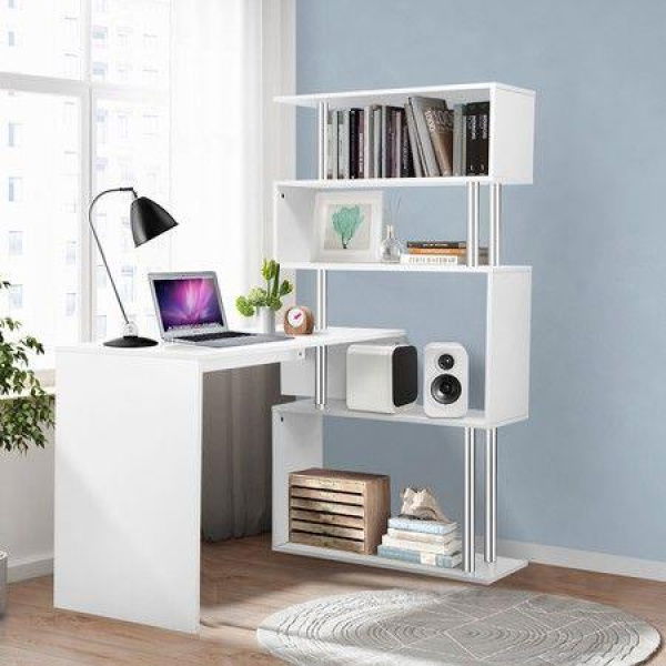 Home Office Computer Desk Corner Table Tier Bookshelf Storage L-Shaped Rotating Table White