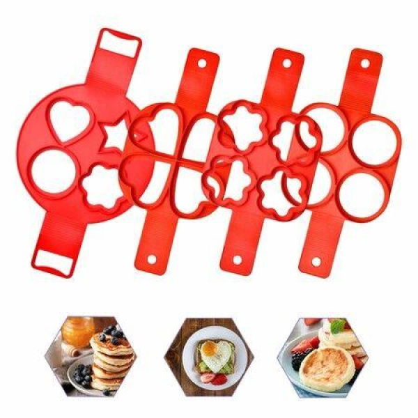 Homemade Pancake Mold Reusable Silicone 4 Cavity Fried Egg Mold (Round Heart Star) - 4 Pieces.