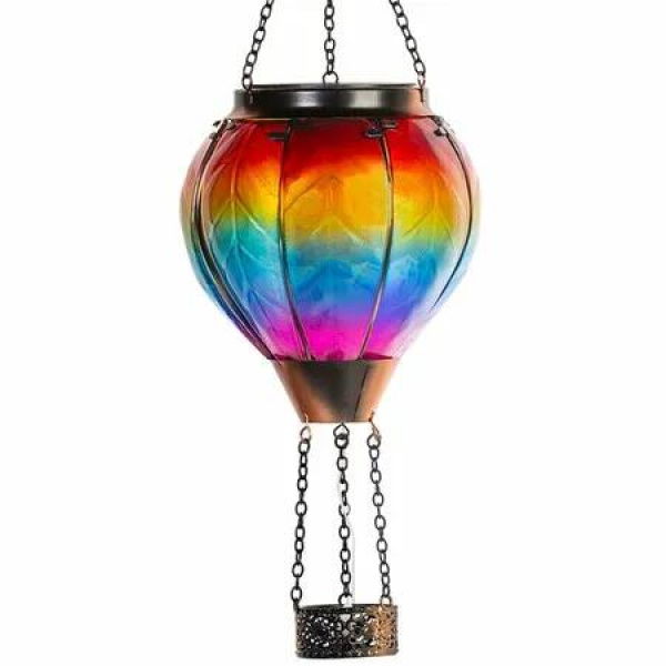 Hot Air Balloon Solar Lantern with Candle Holder Solar Hot Air Balloon Flickering Flame Hanging Garden Light Waterproof Glass Hot Air Balloon Solar Lamp Decorative for Lawn Porch Tree Yard