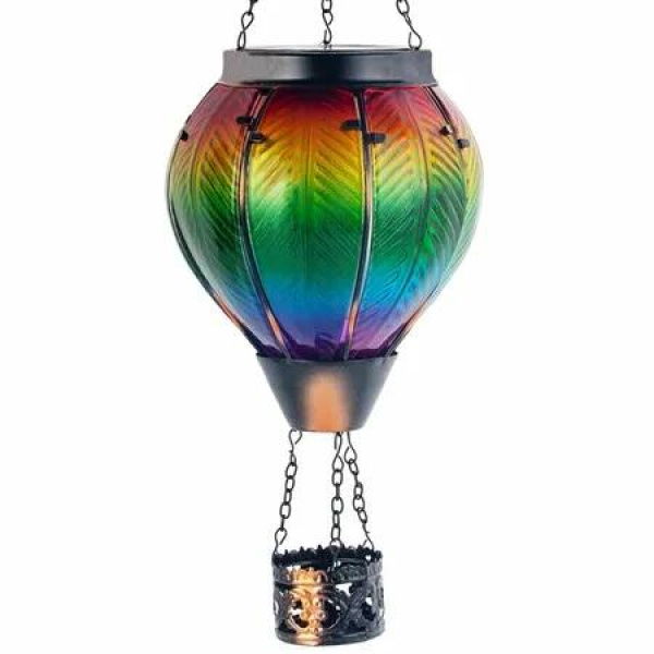 Hot Air Balloon Solar Lantern with Flickering Flame Light Colorful Glass Hot Air Balloon Solar Light Waterproof Outdoor Hanging Solar Lantern for Yard Garden Patio Farmhouse Decor