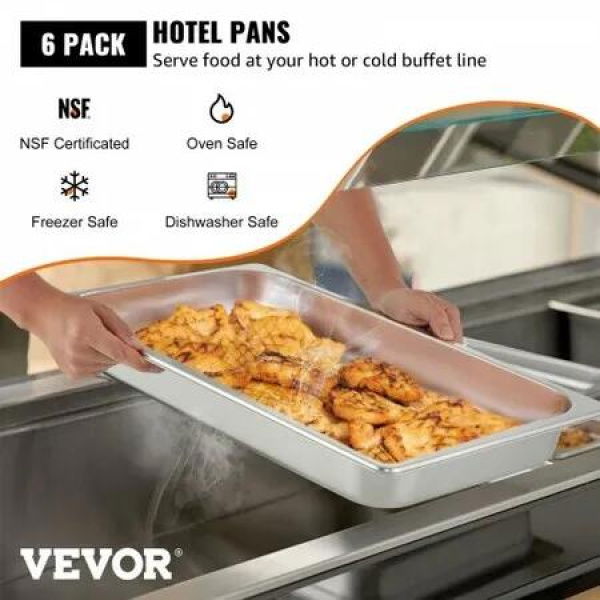 Hotel Pans Full Size 2.5 Inch Deep Steam Table Pan 6 Pack 22 Gauge/0.8mm Thick Stainless Steel Hotel Pan Anti Jam Steam Table Pan