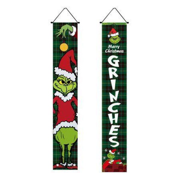 HTX2304225 Christmas Couplet Holiday Party Decorations Porch Flag Door Curtain Green Ghost Grinch Christmas Coupletï¼ˆ180*30cmï¼‰