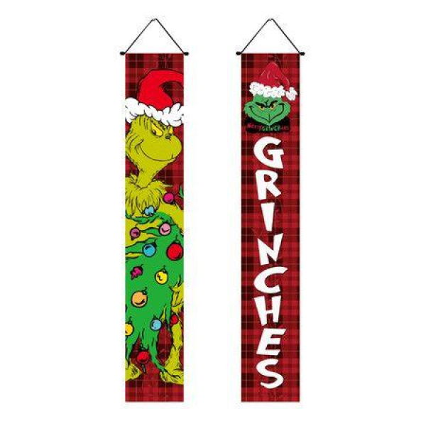 HTX2304236 Christmas Couplet Holiday Party Decorations Porch Flag Door Curtain Green Ghost Grinch Christmas Coupletï¼ˆ180*30cmï¼‰