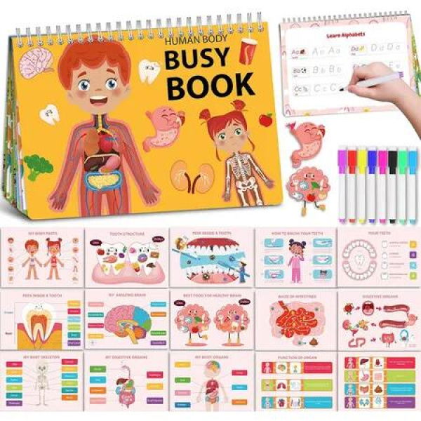 Human Body Preschool Busy Book 30 Pages Quiet Book, Montessori Learning Toys for Toddlers 3-5, Learning Activities Coloring Sticker Book, Sensory Travel Toy for Trip Car