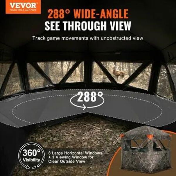 Hunting Blind 288degree See Through Ground Blind 6-7 Person Pop Up Deer Blind with Carrying Bag Portable Resilient Hunting Tent 4 Horizontal Windows