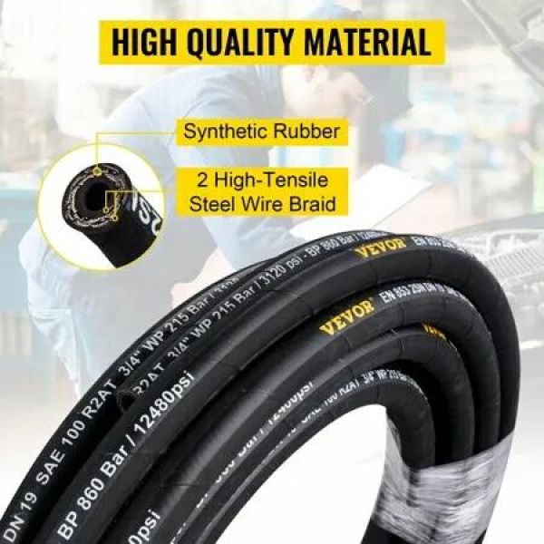 Hydraulic Hose 1/2 inch x 100 ft Coiled Hydraulic Hose 4000 PSI Rubber Hydraulic Hose with 2 High-Tensile Steel Wire Braid Bulk Hydraulic Hose