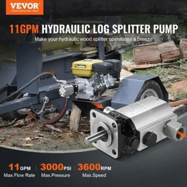 Hydraulic Log Splitter Pump 11GPM 2 Stage 3000PSI Wood Log Splitter Pump 1'' Inlet 1/2'' NPT Outlet 3600 RPM Aluminum Hydraulic Gear Pump