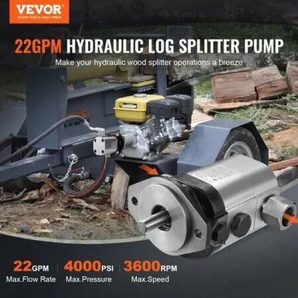 Hydraulic Log Splitter Pump 22GPM 2 Stage 4000PSI Wood Log Splitter Pump 1'' Inlet 3/4'' NPT Outlet 3600 RPM Aluminum Hydraulic Gear Pump