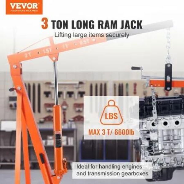 Hydraulic Long Ram Jack, 3 Ton Engine Hoist Cylinder with Single Piston Pump And Clevis Base, Hydraulic Ram Cylinder for Engine Lift Hoists, Hydraulic Garage/Shop Cranes, Mechanical, Farm