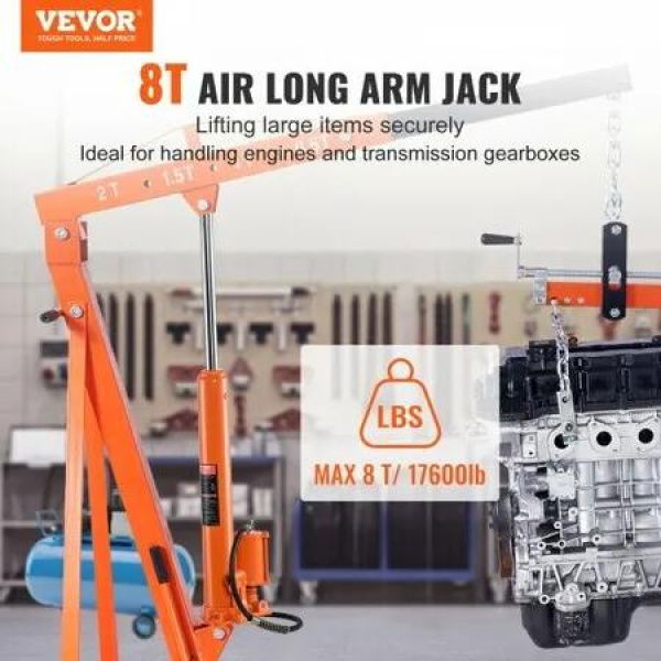 Hydraulic Long Ram Jack, 8 Ton Engine Hoist Cylinder with Air Pump and Single Piston Pump, Hydraulic Ram Cylinder Clevis Base for Engine Lift Hoists, Garage/Shop Cranes, Mechanical, Farm