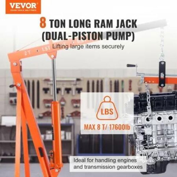 Hydraulic Long Ram Jack, 8 Ton Engine Hoist Cylinder with Double Piston Pump And Clevis Base, Hydraulic Ram Cylinder for Engine Lift Hoists, Hydraulic Garage/Shop Cranes, Mechanical, Farm