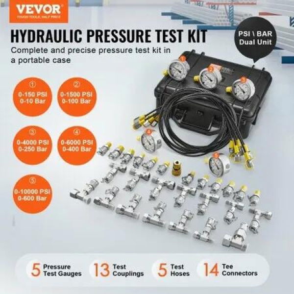 Hydraulic Pressure Test Kit 10/100/250/400/600bar 5 Gauges 13 Couplings 14 Tee Connectors 5 Test Hoses Excavator Hydraulic Test Gauge Set w/ Carrying Case