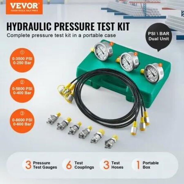 Hydraulic Pressure Test Kit 250/400/600bar 3 Gauges 6 Test Couplings 3 Test Hoses Excavator Hydraulic Test Gauge Set with Portable Carrying Case