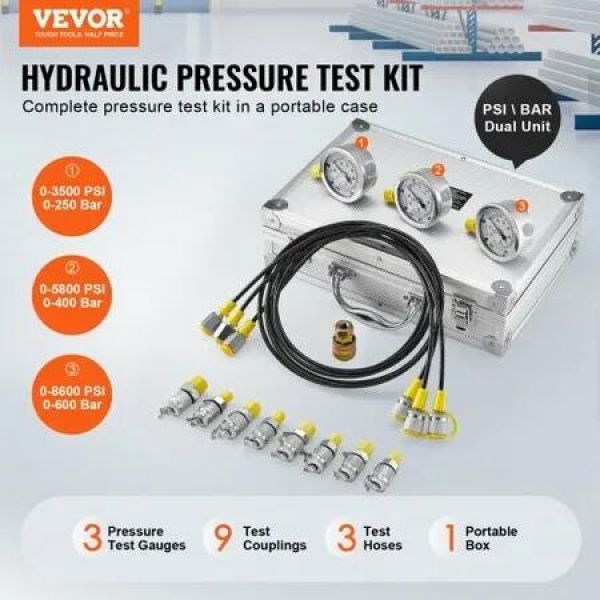 Hydraulic Pressure Test Kit 250/400/600bar 3 Gauges 9 Test Couplings 3 Test Hoses Excavator Hydraulic Test Gauge Set with Portable Carrying Case