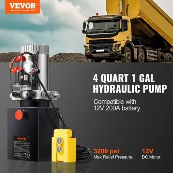 Hydraulic Pump 4 Quart Hydraulic Power Unit Single Acting Dump Trailer Pump 0.91 GPM Flow Rate 3200 PSI Max Relief Pressure DC 12V Hydraulic Pump