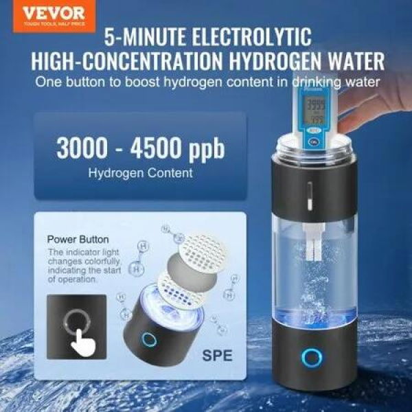 Hydrogen Water Bottle Generator, 230 ml / 8.1 oz Capacity Portable Hydrogen Water Maker, SPE Technology Hydrogen Rich Water Ionizer Machine with Nasal Inhalation Tube and Self-Cleaning