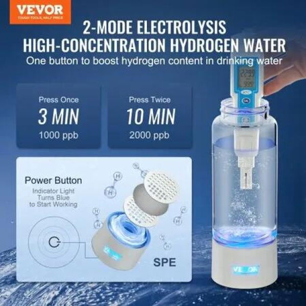 Hydrogen Water Bottle Generator, 380 ml / 13.4 oz Capacity Portable Hydrogen Water Maker, SPE Technology Hydrogen Rich Water Ionizer Machine with Nasal Inhalation Tube and Self-Cleaning