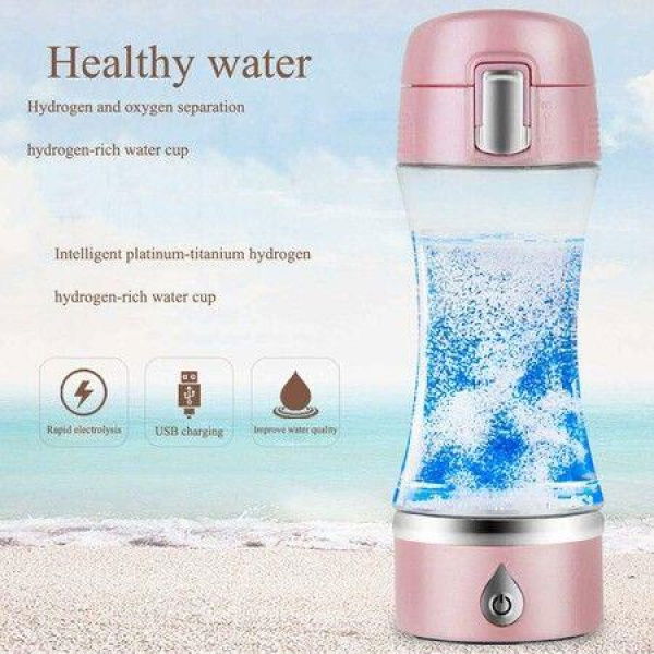 Hydrogen Water Bottle, Portable Hydrogen Water Maker Generator Rechargeable H2 Hydrogen-Rich Pure Glass Water Bottle 380 ML Pink