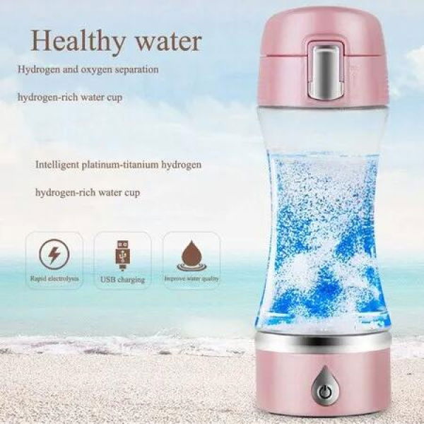 Hydrogen Water Bottle Portable Maker Generator Rechargeable H2 Rich Pure Glass 380 ML Pink Hydration Device